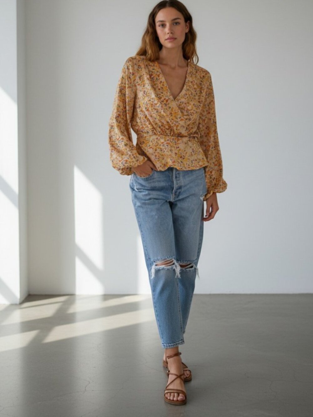 By Together NWT Floral Surplice Satin Blouse Taupe Long Sleeve Small